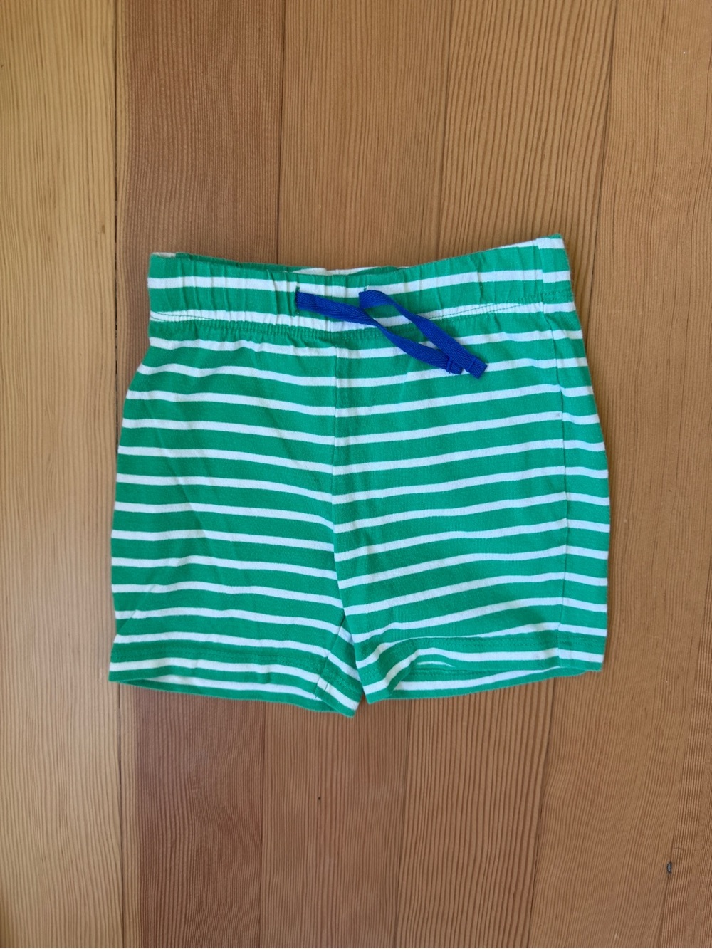 Baby Boden Green and White Striped Shorts with Blue Drawstring